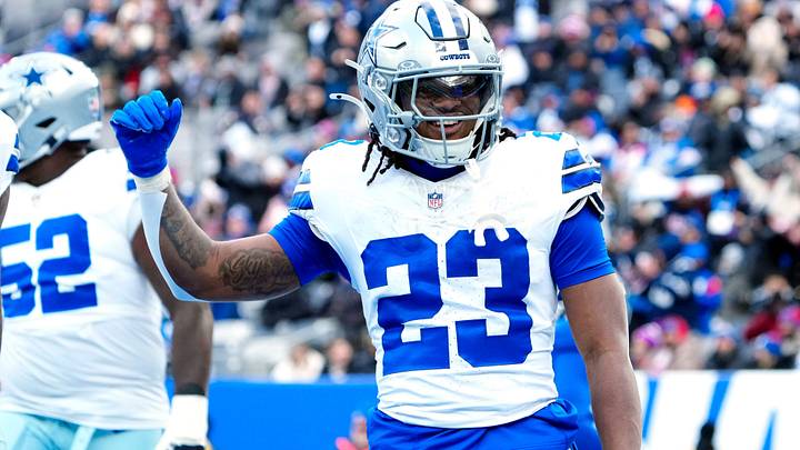 Dallas Cowboys running back Jaydon Blue celebrates after scoring a touchdown against the New York Giants. Dallas Cowboys running back Jaydon Blue celebrates after scoring a touchdown against the New York Giants.