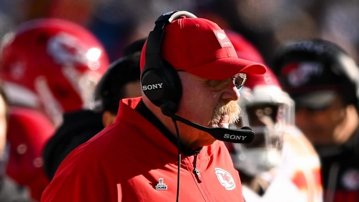 Dec 21, 2025; Nashville, Tennessee, USA;  Kansas City Chiefs head coach Andy Reid watches his team against the Tennessee Titans during the second half at Nissan Stadium. Mandatory Credit: Steve Roberts-Imagn Images