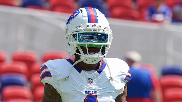 Aug 15, 2026; Orchard Park, New York, USA; Buffalo Bills wide receiver Mecole Hardman Jr. (1) prior to the game between the Carolina Panthers and Buffalo Bills at New Highmark Stadium. Mandatory Credit: Gregory Fisher-Imagn Images
