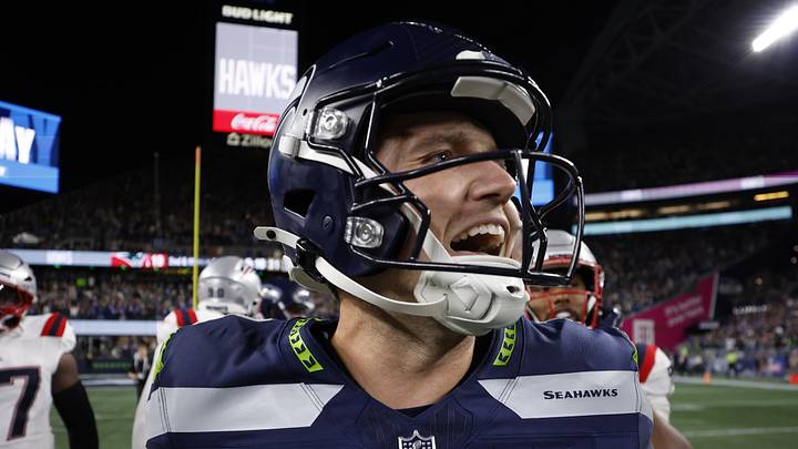 Seattle Seahawks quarterback Drew Lock (2) reacts after defeating the New England Patriots at Lumen Field.