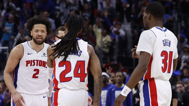 May 3, 2026; Detroit, Michigan, USA; Detroit Pistons guard Daniss Jenkins (24) receives congratulations from guard Cade Cunningham (2) during the second half against the Orlando Magic during game seven of the first round of the 2026 NBA Playoffs at Little Caesars Arena. Mandatory Credit: Rick Osentoski-Imagn Images