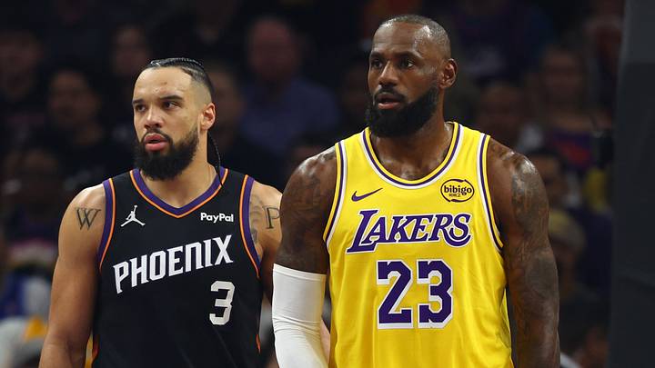 Los Angeles Lakers forward LeBron James (23) against Phoenix Suns forward Dillon Brooks (3) at Mortgage Matchup Center. 