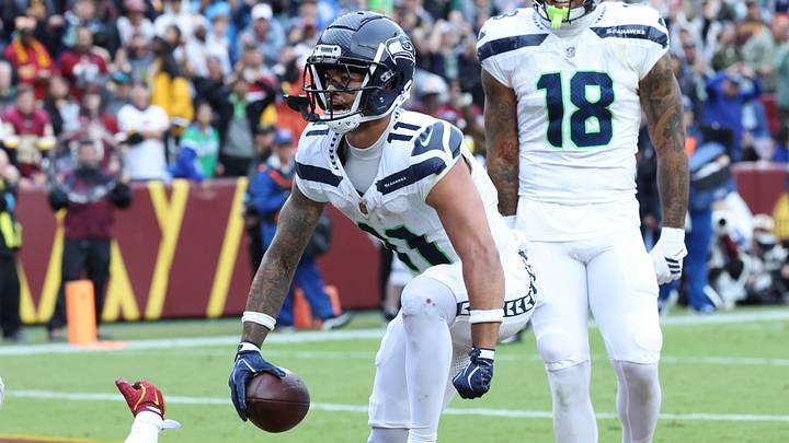 Sep 27, 2026; Landover, Maryland, USA;  Seattle Seahawks wide receiver Jaxon Smith-Njigba (11) reacts after scoring a touchdown in the second half at Northwest Stadium.