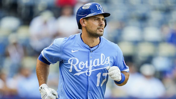 Aug 21, 2025; Kansas City, Missouri, USA; Kansas City Royals catcher Luke Maile (17) runs toward first base during the seventh inning against the Texas Rangers at Kauffman Stadium. Mandatory Credit: Jay Biggerstaff-Imagn Images