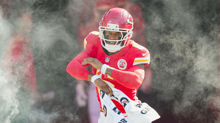 Sep 28, 2025; Kansas City, Missouri, USA; Kansas City Chiefs safety Bryan Cook (6) takes the field prior to a game against the Baltimore Ravens at GEHA Field at Arrowhead Stadium. Mandatory Credit: Jay Biggerstaff-Imagn Images