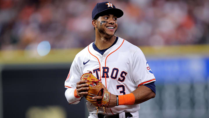 Mar 30, 2024; Houston, Texas, USA; Houston Astros shortstop Jeremy Pena (3) smiles while running to the dugout against the New York Yankees during the fourth inning at Minute Maid Park