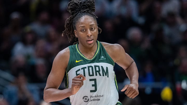 Aug 30, 2025; Seattle, Washington, USA; Seattle Storm forward Nneka Ogwumike (3) is pictured during a game against the Chicago Sky at Climate Pledge Arena. Mandatory Credit: Stephen Brashear-Imagn Images