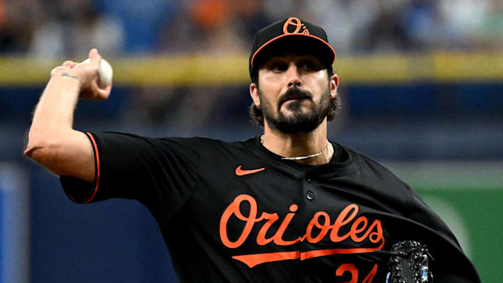 Aug 9, 2024; St. Petersburg, Florida, USA; Baltimore Orioles starting pitcher Zach Eflin (24) throws a pitch in the first inning against the Tampa Bay Rays at Tropicana Field. Aug 9, 2024; St. Petersburg, Florida, USA; Baltimore Orioles starting pitcher Zach Eflin (24) throws a pitch in the first inning against the Tampa Bay Rays at Tropicana Field.