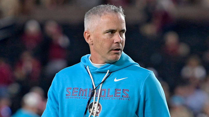 Nov 1, 2025; Tallahassee, Florida, USA; Florida State Seminoles head coach Mike Norvell walks on the field before the game against the Wake Forest Demon Deacons at Doak S. Campbell Stadium. Mandatory Credit: Melina Myers-Imagn Images