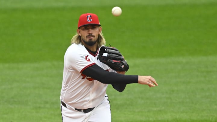 Apr 5, 2026; Cleveland, Ohio, USA; Cleveland Guardians shortstop Gabriel Arias (13) throws to first base in the fifth inning against the Chicago Cubs at Progressive Field. Mandatory Credit: David Richard-Imagn Images