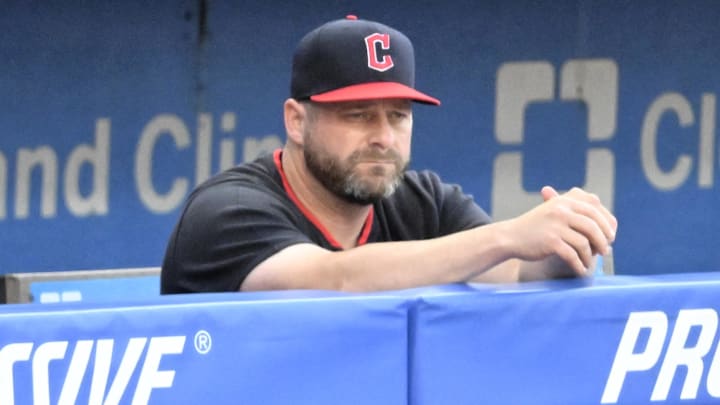 Jul 22, 2025; Cleveland, Ohio, USA; Cleveland Guardians manager Stephen Vogt (12) stands in the dugout in the fifth inning against the Baltimore Orioles at Progressive Field. Mandatory Credit: David Richard-Imagn Images