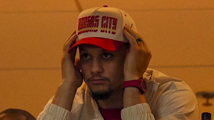 Dec 25, 2025; Kansas City, Missouri, USA; Patrick Mahomes watches the action from a suite during the third quarter at GEHA Field at Arrowhead Stadium. Mandatory Credit: Jay Biggerstaff-Imagn Images