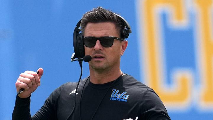 May 2, 2026; Pasadena, CA, USA; UCLA Bruins coach Bob Chesney reacts during the spring game at Rose Bowl. Mandatory Credit: Kirby Lee-Imagn Images