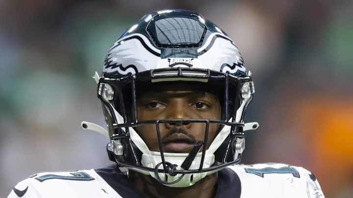 Oct 9, 2022; Glendale, Arizona, USA; Philadelphia Eagles linebacker Nakobe Dean (17) against the Arizona Cardinals at State Farm Stadium. Mandatory Credit: Mark J. Rebilas-Imagn Images