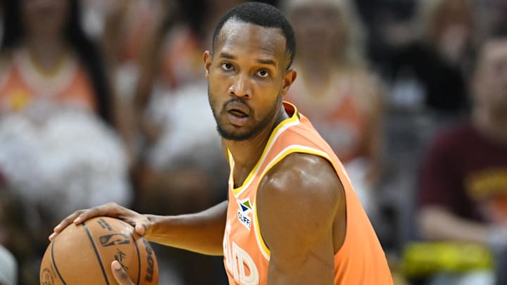Jan 26, 2026; Cleveland, Ohio, USA; Cleveland Cavaliers center Evan Mobley (4) looks up court in the third quarter against the Orlando Magic at Rocket Arena. Mandatory Credit: David Richard-Imagn Images