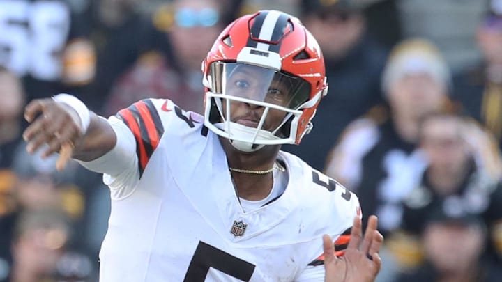 Dec 8, 2024; Pittsburgh, Pennsylvania, USA;  Cleveland Browns quarterback Jameis Winston (5) passes the ball against the Pittsburgh Steelers during the second quarter at Acrisure Stadium. Mandatory Credit: Charles LeClaire-Imagn Images