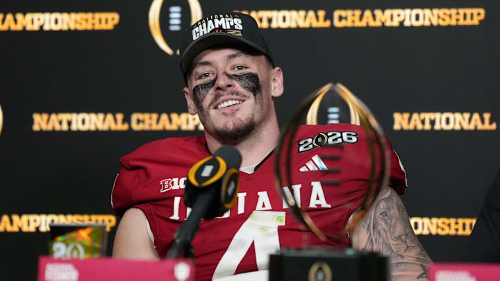Indiana Hoosiers linebacker Aiden Fisher (4) speaks to the media after the College Football Playoff National Championship 