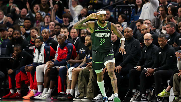 Nov 29, 2024; Minneapolis, Minnesota, USA; Minnesota Timberwolves guard Nickeil Alexander-Walker (9) celebrates his three-point basket against the LA Clippers during the second quarter of an NBA Cup game at Target Center. Mandatory Credit: Matt Krohn-Imagn Images