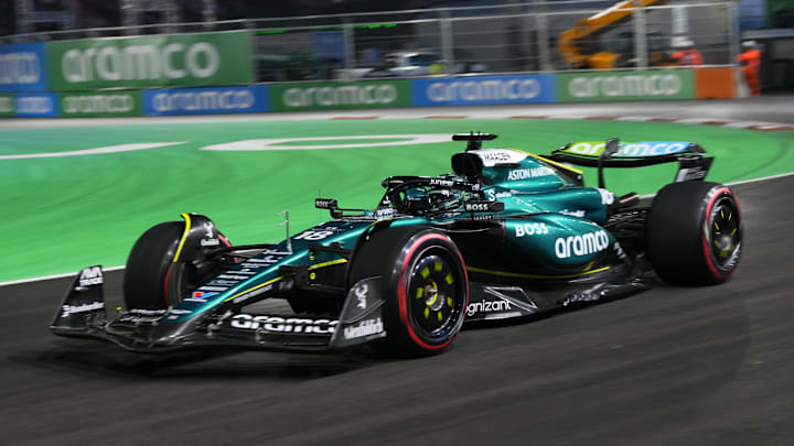 Nov 22, 2024; Las Vegas, Nevada, USA; Aston Martin Aramco F1 Team driver Lance Stroll of Canada (18) drives during qualifiers for the Formula 1 Heineken Silver Las Vegas Grand Prix 2024 at the Las Vegas Circuit. Mandatory Credit: Lucas Peltier-Imagn Images