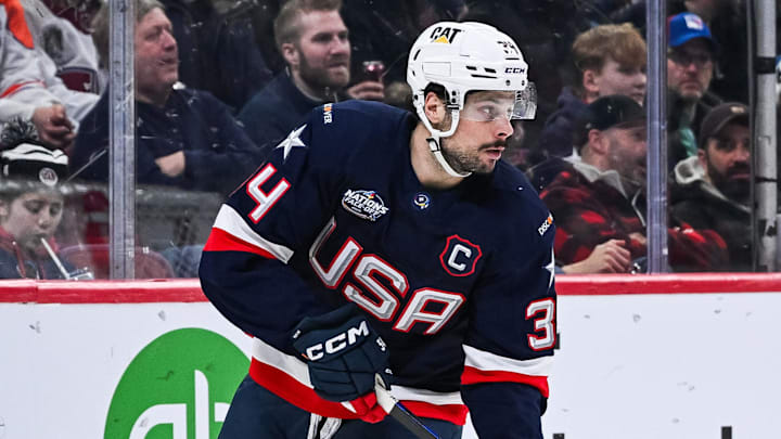 Feb 13, 2025; Montreal, Quebec, CAN; [Imagn Images direct customers only] Team USA forward Auston Matthews (34) plays the puck against Team Finland in the second period during a 4 Nations Face-Off ice hockey game at Bell Centre. Mandatory Credit: David Kirouac-Imagn Images