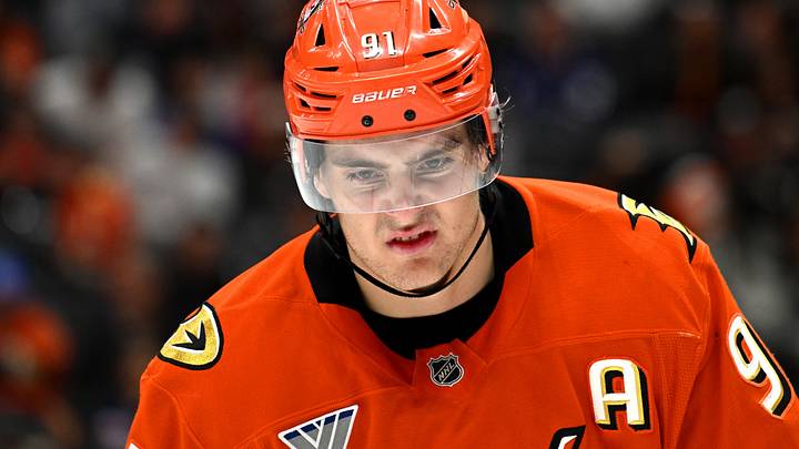 Mar 30, 2026; Anaheim, California, USA; Anaheim Ducks center Leo Carlsson (91) reacts before the first overtime period against the Toronto Maple Leafs at Honda Center. Mandatory Credit: Griffin Hooper-Imagn Images