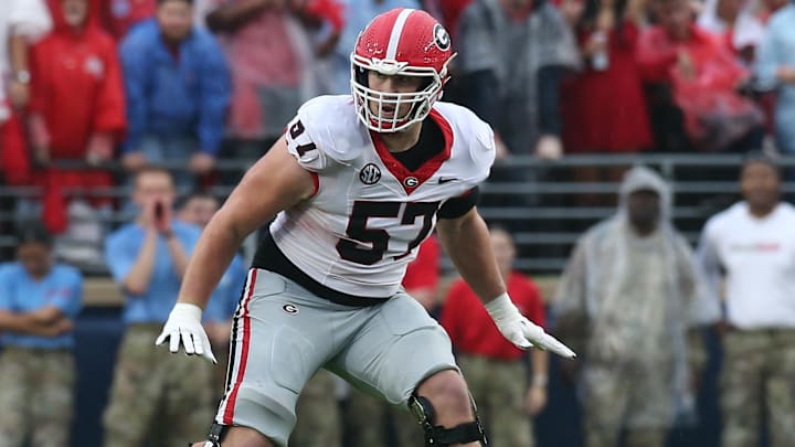 Georgia Bulldogs offensive lineman Monroe Freeling (57) blocks during the first half Georgia Bulldogs offensive lineman Monroe Freeling (57) blocks during the first half
