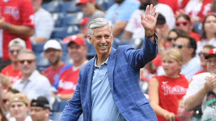 Aug 18, 2024; Philadelphia, Pennsylvania, USA; Former Philadelphia Phillies president Dave Dombrowski during Phillies Alumni Weekend and the 20th anniversary of Citizens Bank Park before game against the Washington Nationals at Citizens Bank Park. 