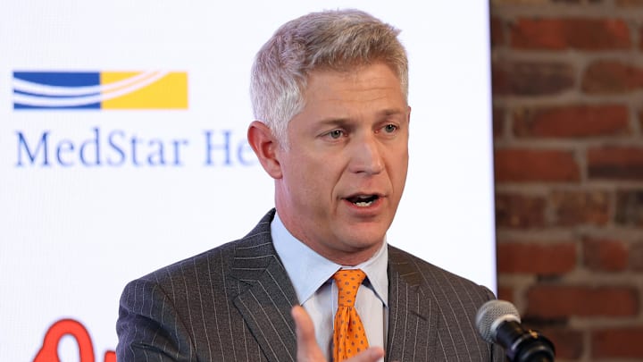 Nov 4, 2025; Baltimore, MD, USA; President of Baseball Operations Mike Elias introduces Craig Albernaz as the Baltimore Orioles new Manager at Warehouse Bar. Mandatory Credit: Daniel Kucin Jr.-Imagn Images
