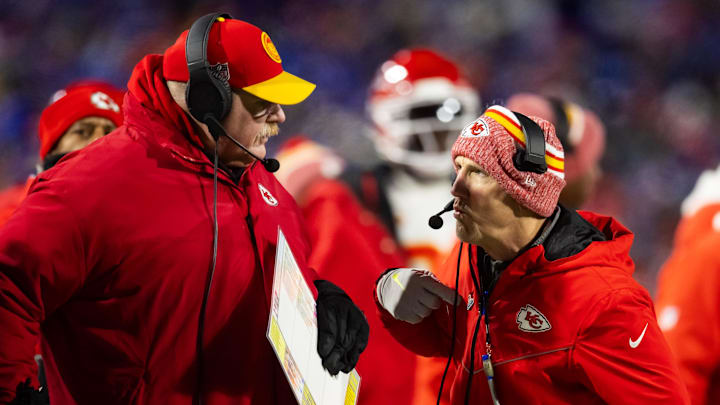 Jan 21, 2024; Orchard Park, New York, USA; Kansas City head coach Andy Reid (left) with defensive coordinator Steve Spagnuolo against the Buffalo Bills for the 2024 AFC divisional round game at Highmark Stadium. Mandatory Credit: Mark J. Rebilas-Imagn Images Jan 21, 2024; Orchard Park, New York, USA; Kansas City head coach Andy Reid (left) with defensive coordinator Steve Spagnuolo against the Buffalo Bills for the 2024 AFC divisional round game at Highmark Stadium. Mandatory Credit: Mark J. Rebilas-Imagn Images