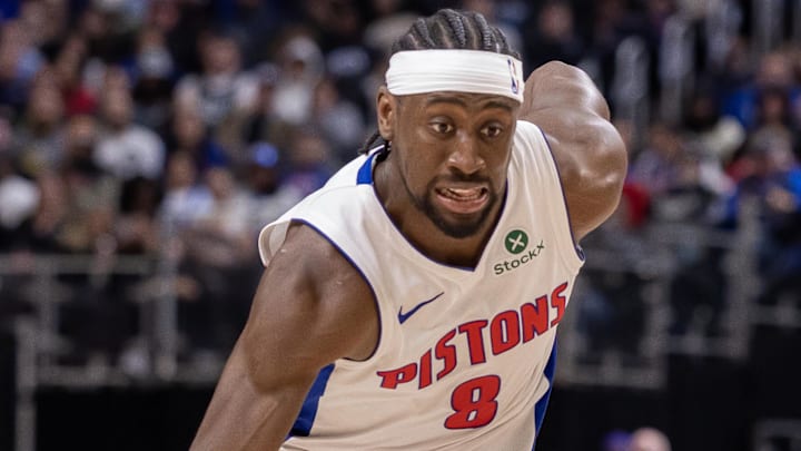 Feb 5, 2026; Detroit, Michigan, USA; Detroit Pistons guard Caris LeVert (8) dribbles against the Washington Wizards during the second half at Little Caesars Arena.