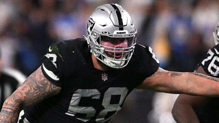 Jan 9, 2022; Paradise, Nevada, USA; Las Vegas Raiders center Andre James (68) blocks during overtime against the Los Angeles Chargers at Allegiant Stadium. Mandatory Credit: Orlando Ramirez-Imagn Images Jan 9, 2022; Paradise, Nevada, USA; Las Vegas Raiders center Andre James (68) blocks during overtime against the Los Angeles Chargers at Allegiant Stadium. Mandatory Credit: Orlando Ramirez-Imagn Images