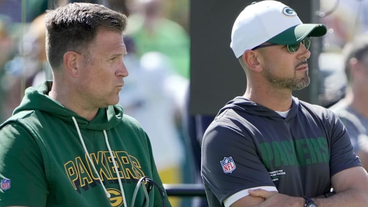 Green Bay Packers general manager Brian Gutekunst, left, and head coach Matt LaFleur are shown during a joint practice with the Seattle Seahawks Thursday, August 21, 2025 in Green Bay, Wisconsin.