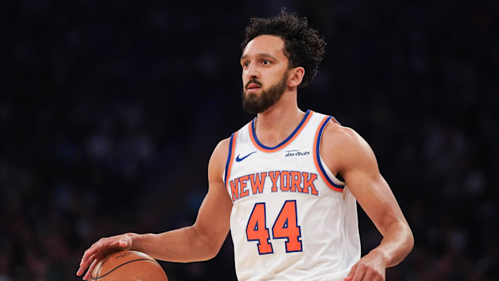 Nov 3, 2025; New York, New York, USA; New York Knicks guard Landry Shamet (44) dribbles during the first half against the Washington Wizards at Madison Square Garden. Mandatory Credit: Lucas Boland-Imagn Images