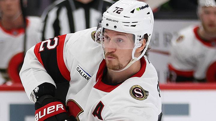 Mar 18, 2026; Washington, District of Columbia, USA; Ottawa Senators defenseman Thomas Chabot (72) controls the puck during the second period against the Washington Capitals at Capital One Arena. Mandatory Credit: Daniel Kucin Jr.-Imagn Images