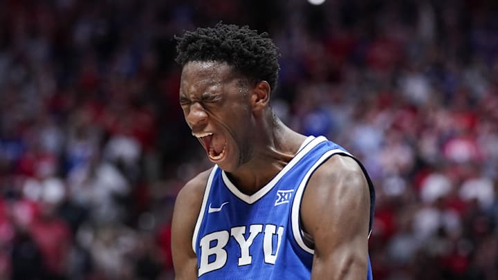 BYU Cougars forward AJ Dybantsa (3) reacts during the second half against the Utah Utes at Jon M. Huntsman Center on January 10, 2026.