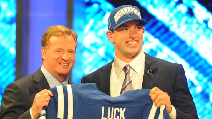 FL commissioner Roger Goodell (left) introduces quarterback Andrew Luck (Stanford) FL commissioner Roger Goodell (left) introduces quarterback Andrew Luck (Stanford)