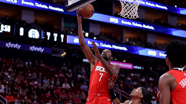 Oct 27, 2025; Houston, Texas, USA; Houston Rockets forward Kevin Durant (7) shoots inside against the Brooklyn Nets during the first quarter at Toyota Center. Mandatory Credit: Erik Williams-Imagn Images