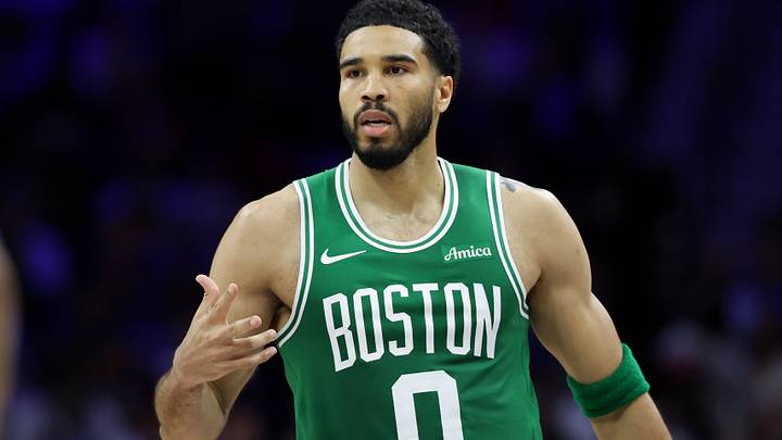 Apr 30, 2026; Philadelphia, Pennsylvania, USA; Boston Celtics forward Jayson Tatum (0) reacts to his score against the Philadelphia 76ers during the second quarter at Xfinity Mobile Arena. Mandatory Credit: Bill Streicher-Imagn Images Apr 30, 2026; Philadelphia, Pennsylvania, USA; Boston Celtics forward Jayson Tatum (0) reacts to his score against the Philadelphia 76ers during the second quarter at Xfinity Mobile Arena. Mandatory Credit: Bill Streicher-Imagn Images