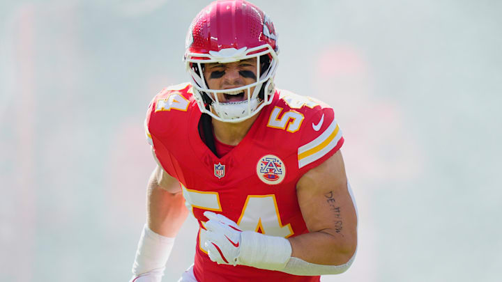 Oct 19, 2025; Kansas City, Missouri, USA; Kansas City Chiefs linebacker Leo Chenal (54) runs onto the field during player introductions prior to the game against the Las Vegas Raiders at GEHA Field at Arrowhead Stadium. Mandatory Credit: Jay Biggerstaff-Imagn Images