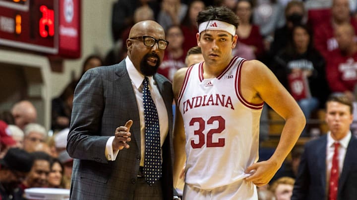 Indiana coach Mike Woodson talks with Trey Galloway (32) at Simon Skjodt Assembly Hall. Indiana coach Mike Woodson talks with Trey Galloway (32) at Simon Skjodt Assembly Hall.