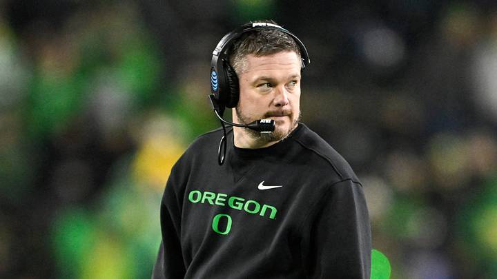 Dec 20, 2025; Eugene, OR, USA;  Oregon Ducks head coach Dan Lanning looks on during the fourth quarter against the James Madison Dukes at Autzen Stadium. 