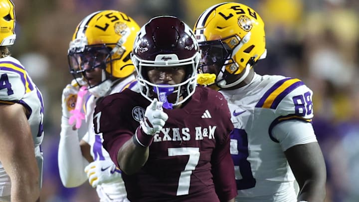 Texas A&M Aggies wide receiver KC Concepcion (7) celebrates after a first down during the first half against the Louisiana State Tigers at Tiger Stadium. Texas A&M Aggies wide receiver KC Concepcion (7) celebrates after a first down during the first half against the Louisiana State Tigers at Tiger Stadium.