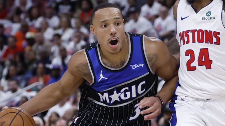 Apr 22, 2026; Detroit, Michigan, USA; Orlando Magic guard Desmond Bane (3) dribbles defended by Detroit Pistons guard Daniss Jenkins (24) in the first half during game two of the first round of the 2026 NBA Playoffs at Little Caesars Arena. Mandatory Credit: Rick Osentoski-Imagn Images