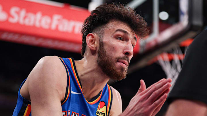 Mar 4, 2026; New York, New York, USA; Oklahoma City Thunder center Chet Holmgren (7) reacts after a call during the second half against the New York Knicks at Madison Square Garden. Mandatory Credit: Vincent Carchietta-Imagn Images Mar 4, 2026; New York, New York, USA; Oklahoma City Thunder center Chet Holmgren (7) reacts after a call during the second half against the New York Knicks at Madison Square Garden. Mandatory Credit: Vincent Carchietta-Imagn Images