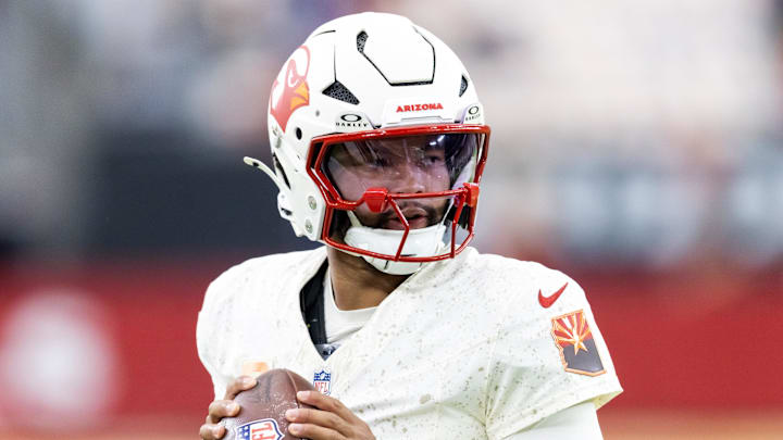 Sep 25, 2025; Glendale, Arizona, USA; Arizona Cardinals quarterback Kyler Murray (1) against the Seattle Seahawks at State Farm Stadium. Mandatory Credit: Mark J. Rebilas-Imagn Images