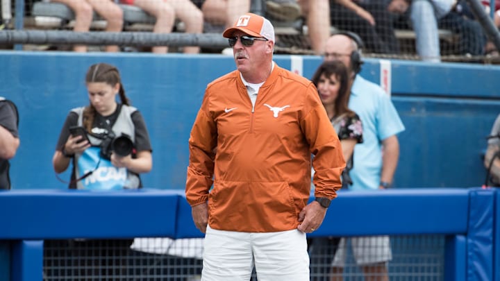 Texas Longhorns head coach Mike White look on in the sixth inning against the Florida Gators.