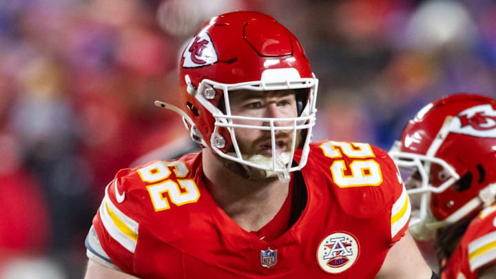 Jan 26, 2025; Kansas City, MO, USA; Kansas City Chiefs guard Joe Thuney (62) against the Buffalo Bills in the AFC Championship game at GEHA Field at Arrowhead Stadium. Mandatory Credit: Mark J. Rebilas-Imagn Images