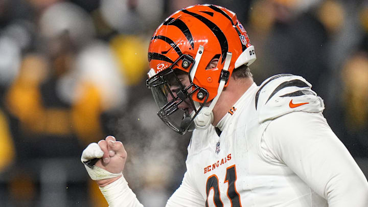 Jan 4, 2025; Pittsburgh, Pennsylvania, USA; Cincinnati Bengals defensive end Trey Hendrickson (91) celebrates as the Pittsburgh Steelers prepare to punt in the fourth quarter at Acrisure Stadium. The Bengals won 19-17 to finish the regular season at 9-8. Mandatory Credit: Sam Greene/USA TODAY Network via Imagn Images