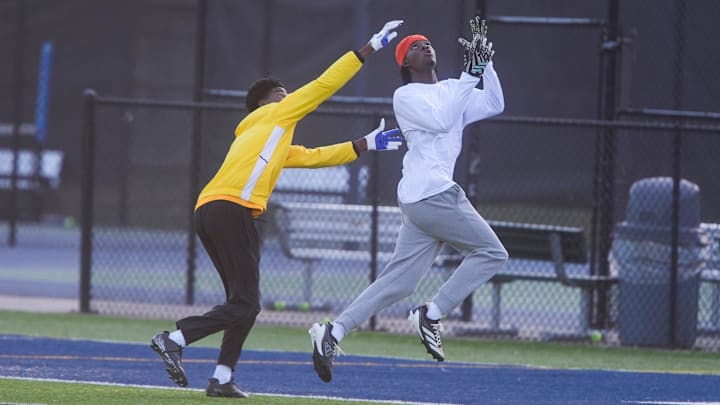 Lausanne’s Lawrence Britt makes an interception during a drill at spring practice at the school in Memphis, Tenn., on April 22, 2026.