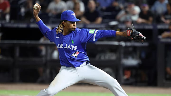 May 23, 2025; St. Petersburg, Florida, USA;  Toronto Blue Jays pitcher Jose Urena (48) throws a pitch against the Tampa Bay Rays during the eighth inning at George M. Steinbrenner Field. 